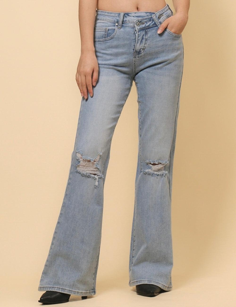 Ladies Distressed Jeans Flare Leg Denim Pants SKP50077