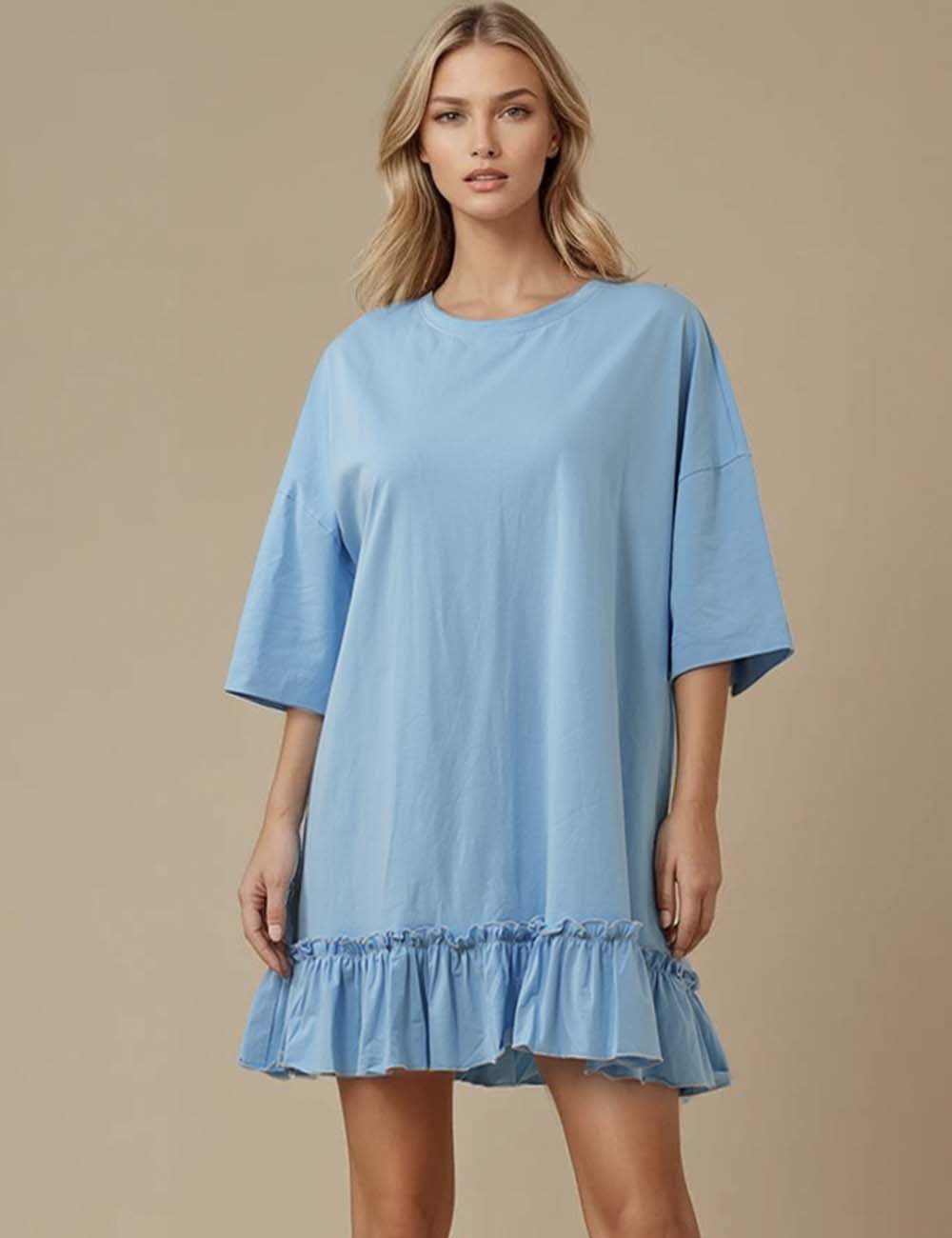 Ladies Solid Color Round Neck Short Sleeves Ruffle T-Shirt