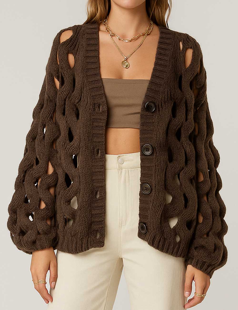 Ladies Chunky Knit Round Hollow Out V-Neck Sweater Cardigan