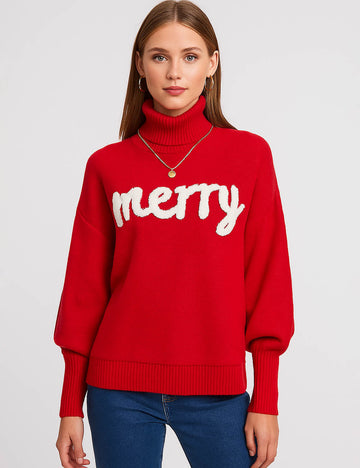 Ladies Merry Text Merry Christmas Pullover Swerater SKT4877