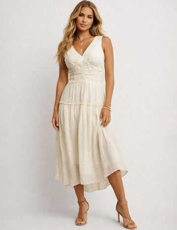 Ladies Wrap V-Neck Ruched Waist Sleeveless Midi Dress
