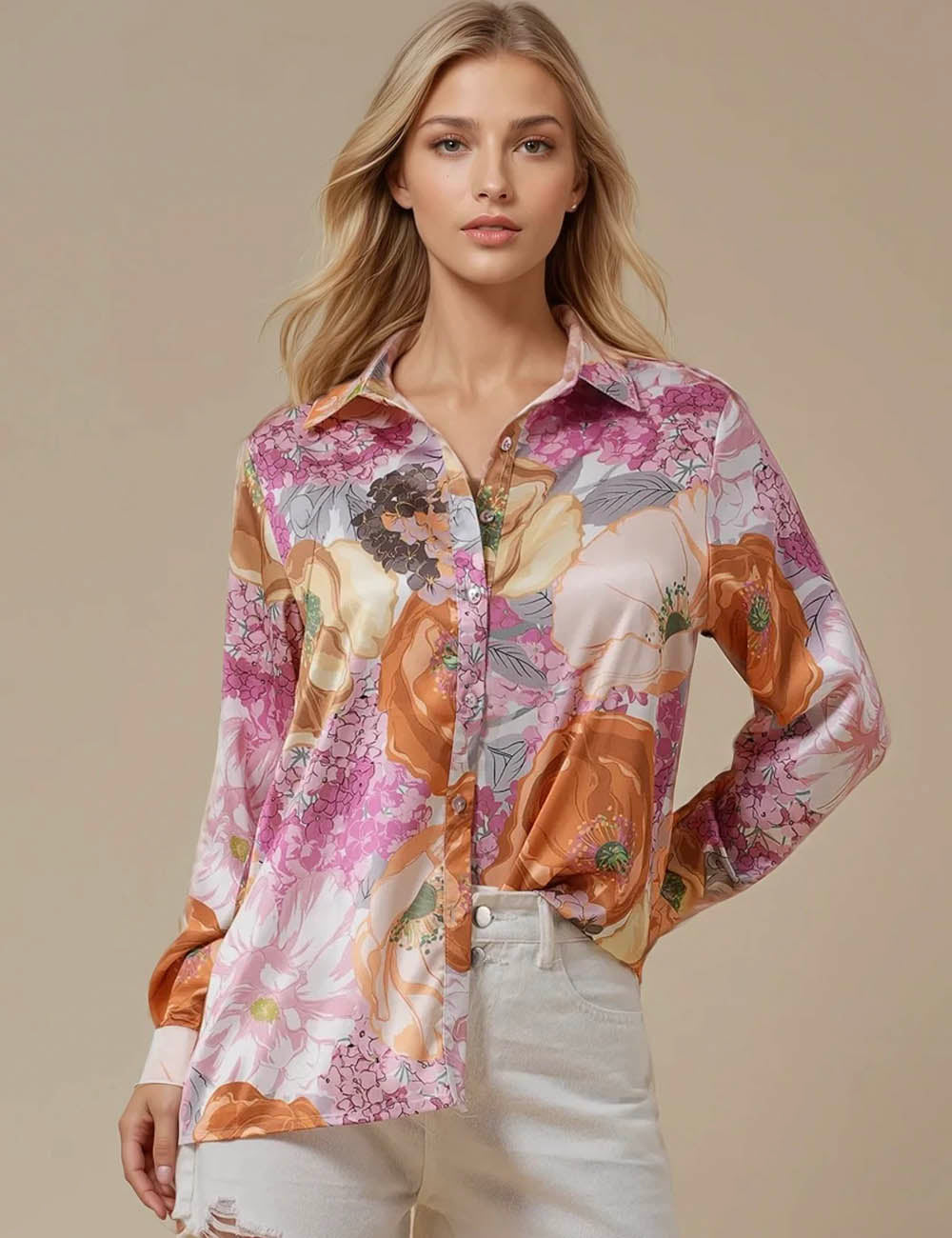 Ladies Multicolor Long Sleeves Button Down Shirt JT5503