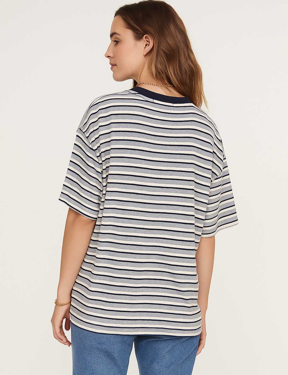Ladies Striped Heart Letter Round Neck Short Sleeves T-Shirt