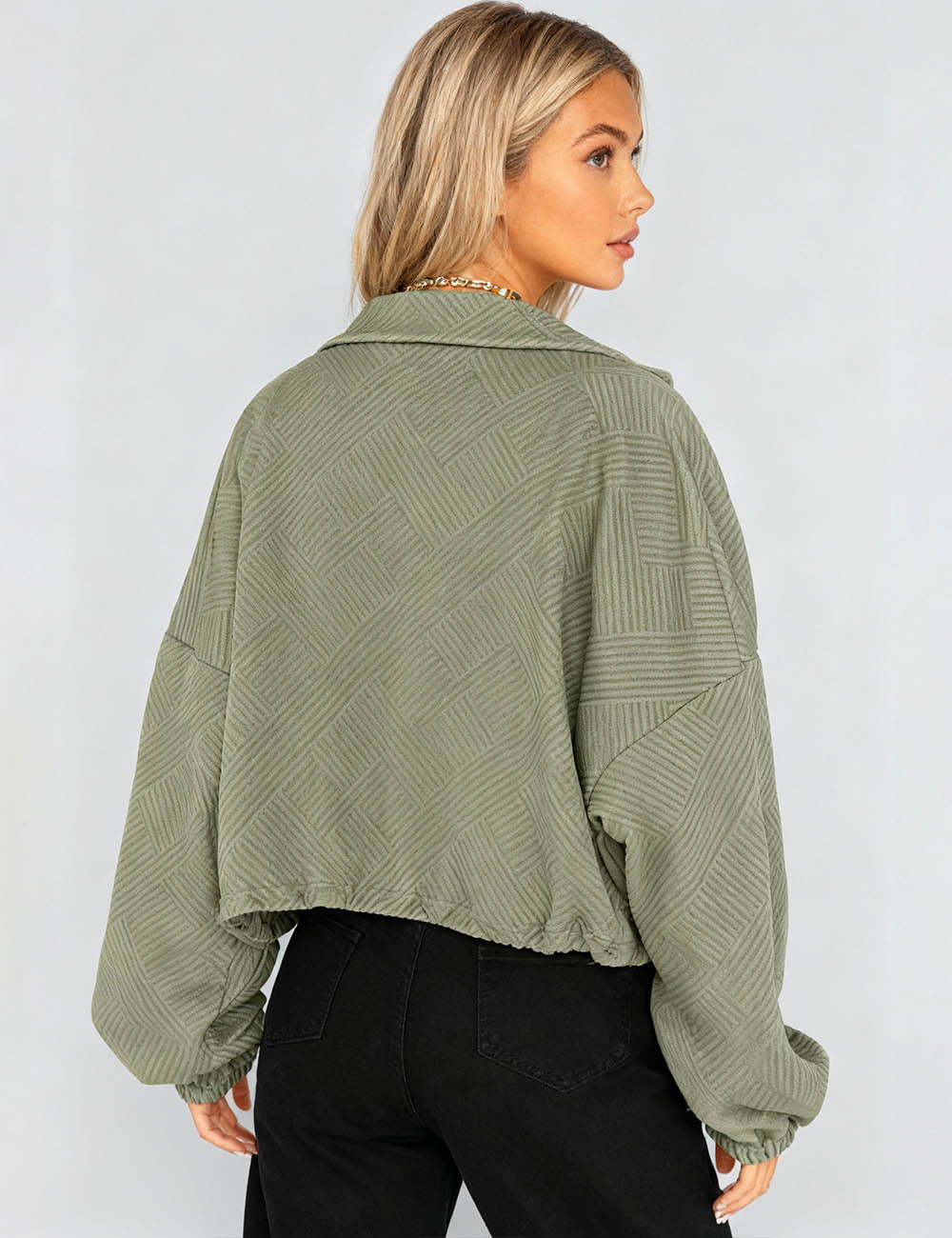 Ladies Lapel Collar Zipper Front Drawstring Hem Jacket