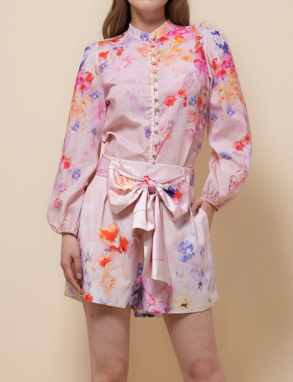 Ladies Stand Collar Floral Print Top & Pants Set SKST51283