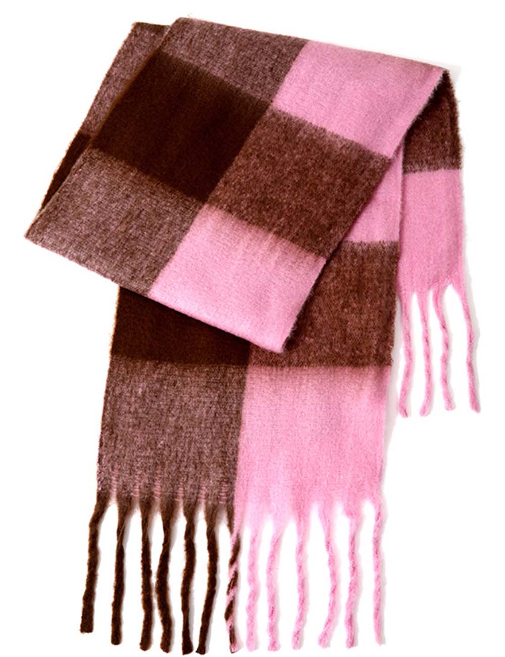 Ladies Color Block Checked Mohair Fringe Knit Scarf