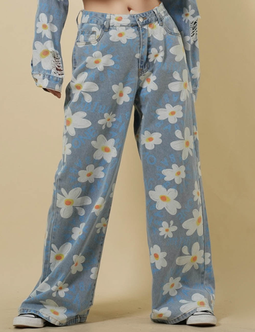 Ladies Floral Print Stright Leg Denim Pants SKP50059
