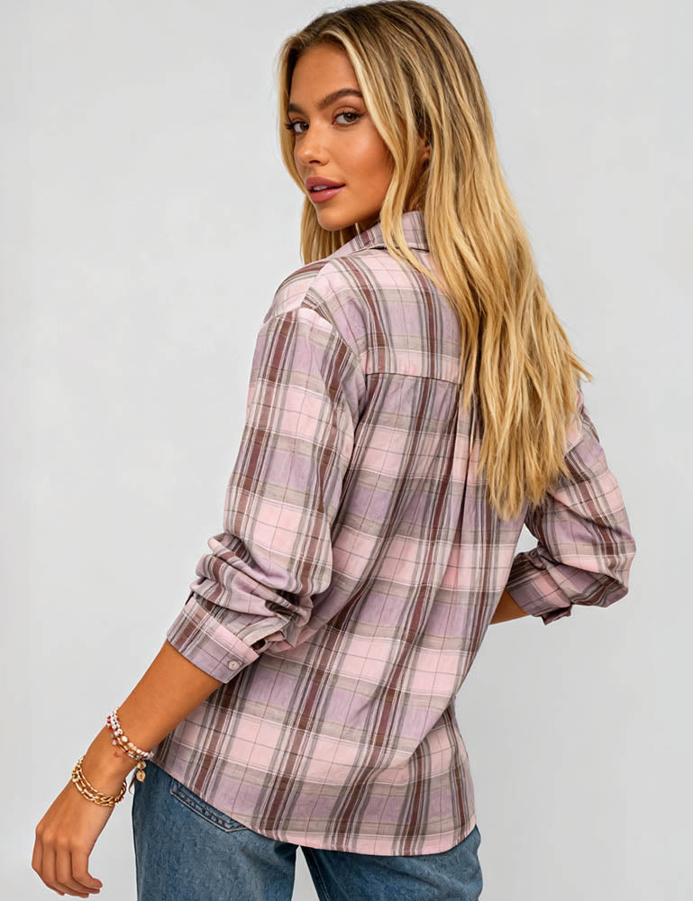 Ladies Vintage Checked Turn Down Collar Long Sleeves Shirt