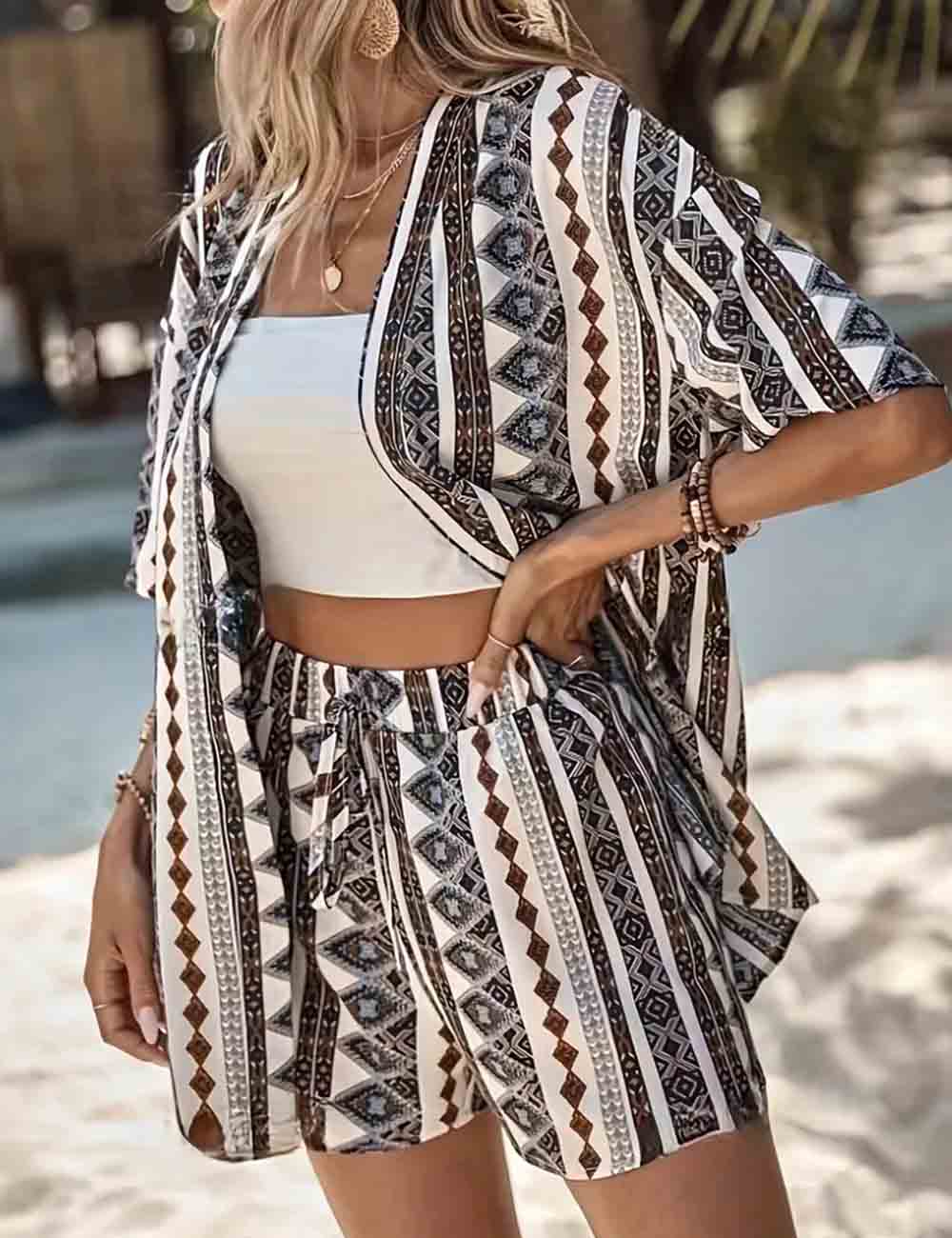 Ladies Geometric Print Short Sleeves Top & Shorts Set