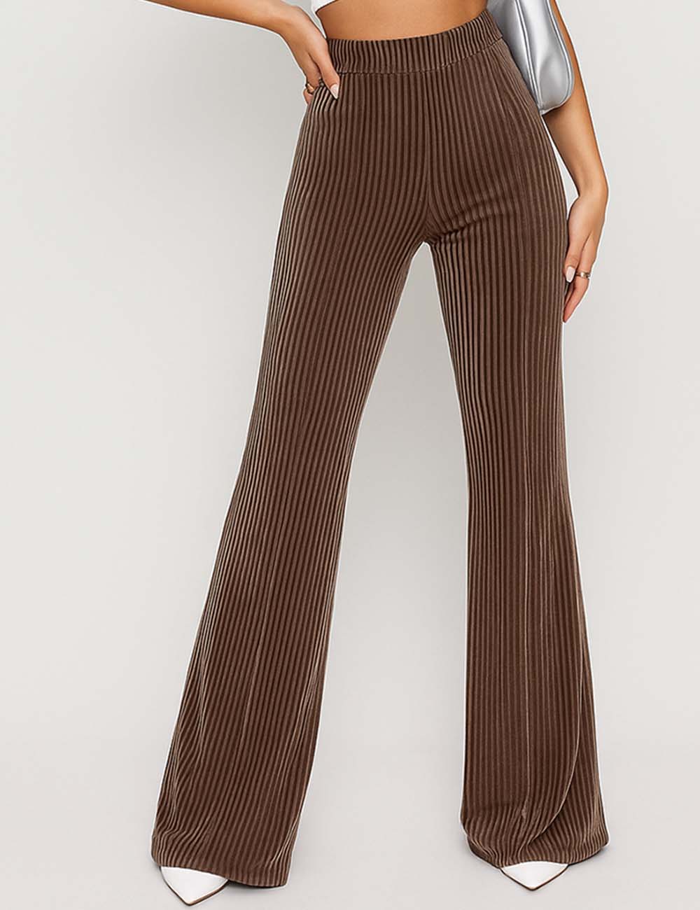 Ladies Solid Color Elastic Waist Slight Flared Corduroy Pants