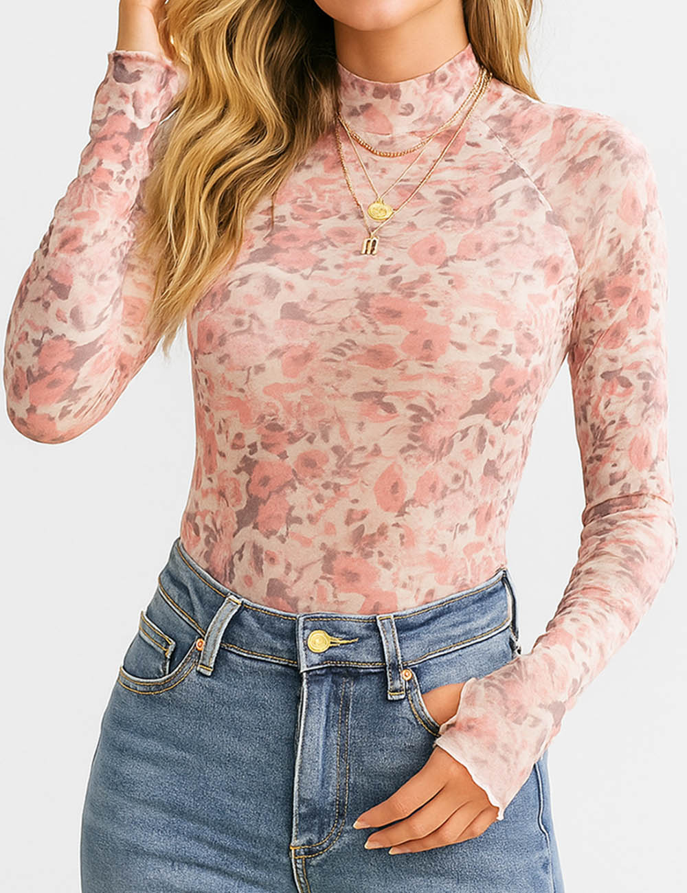 Ladies Floral Print Mock Collar Sheer Mesh Top