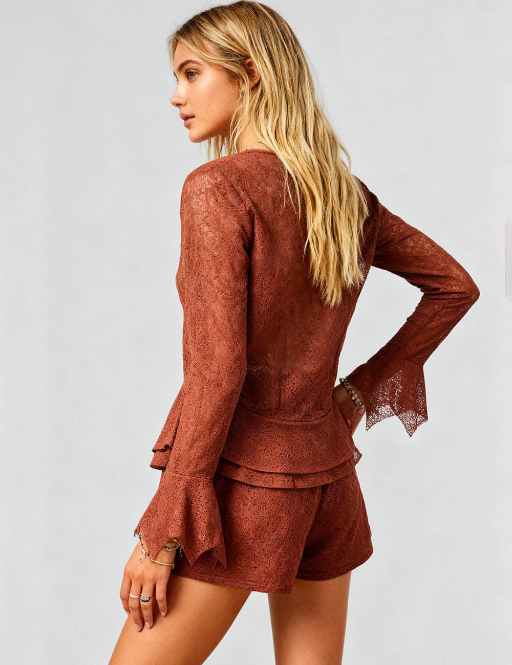 Ladies Lace Eyelet V-Neck Ruffle Hem Top & Shorts Set