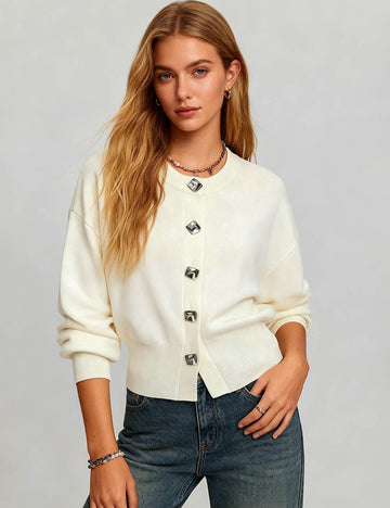 Ladies Round Neck Metal Button Sweater Cardigan