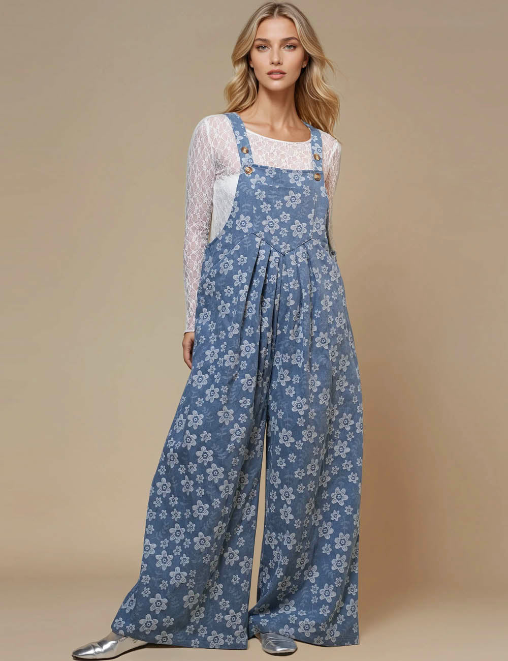 Ladies Strape Shoulder Flower Denim Jumpsuit SKJ50112