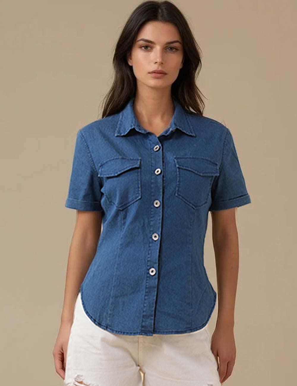 Ladies Turndown Collar Button Short Sleeves Denim Shirt