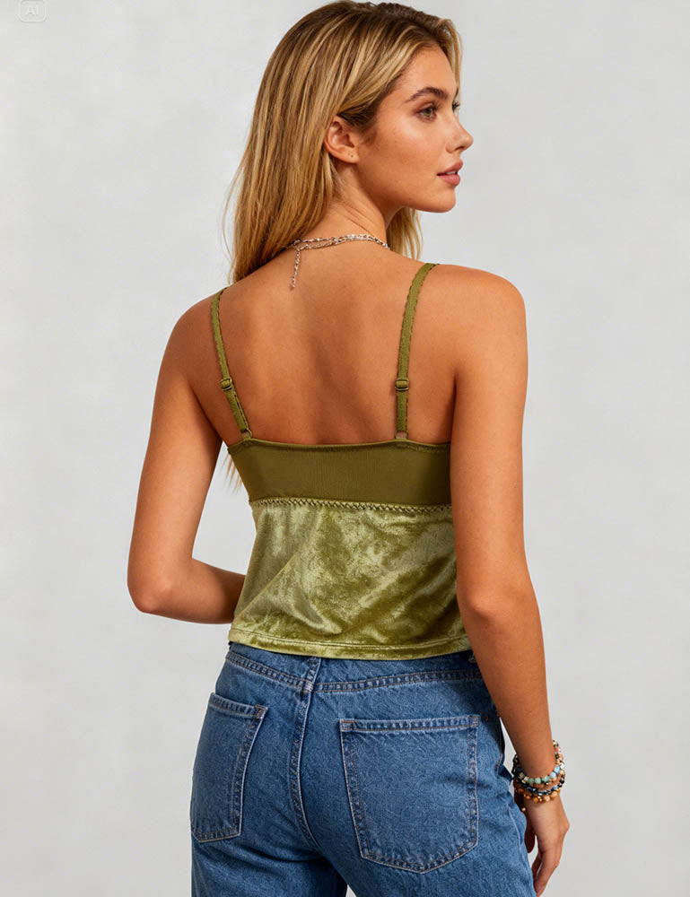 Ladies Eleglant Velet V-Neck Lace Trim Cami Top