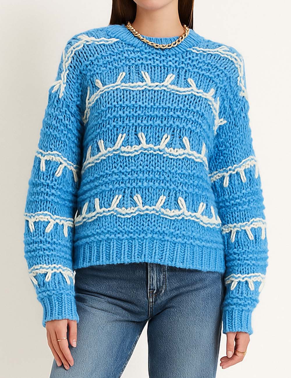 Ladies Chunky Knit Float Stitch Round Neck Sweater Top