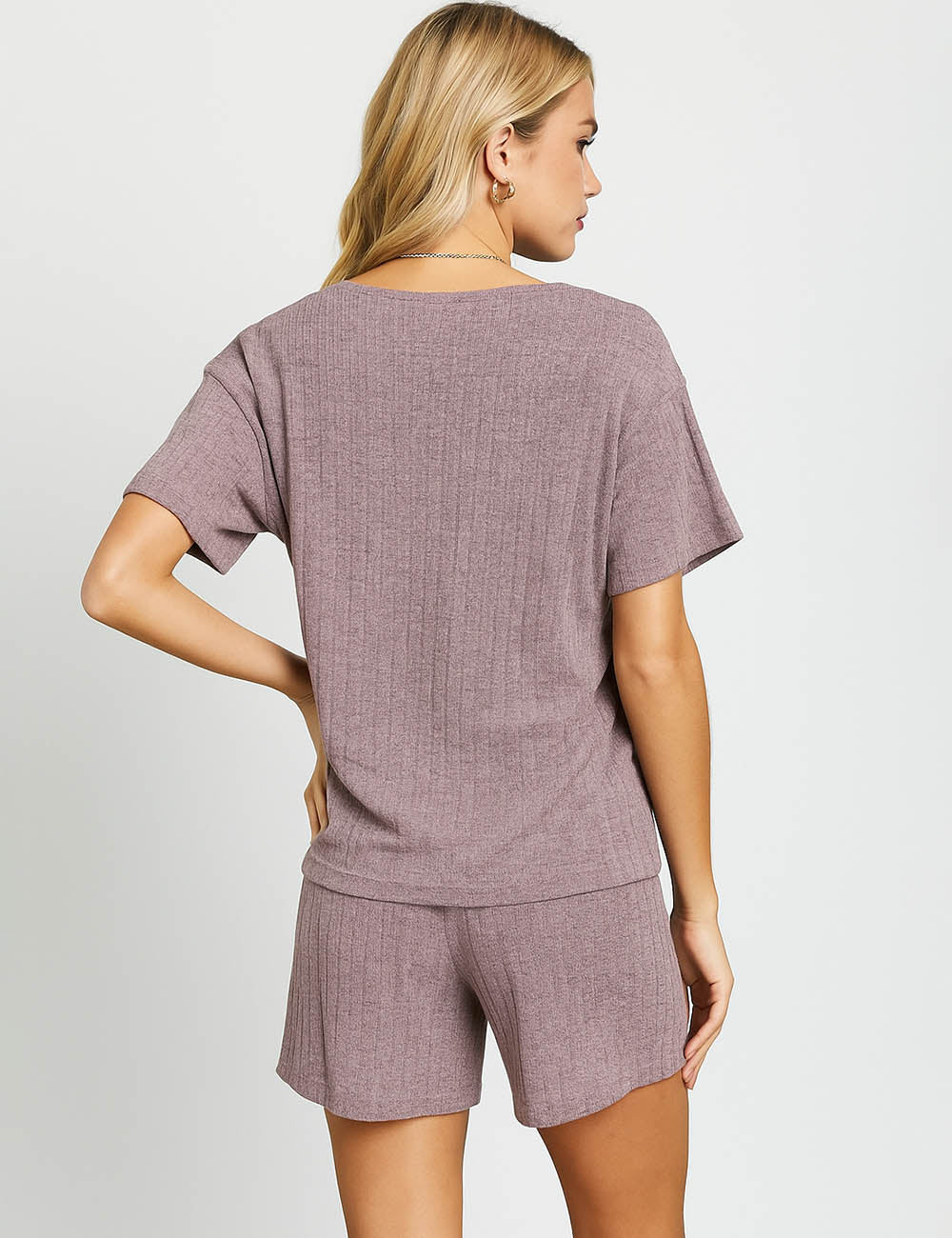 Ladies Ribbed Knit Set V-Neck Elastic Waist Top & Shorts Set