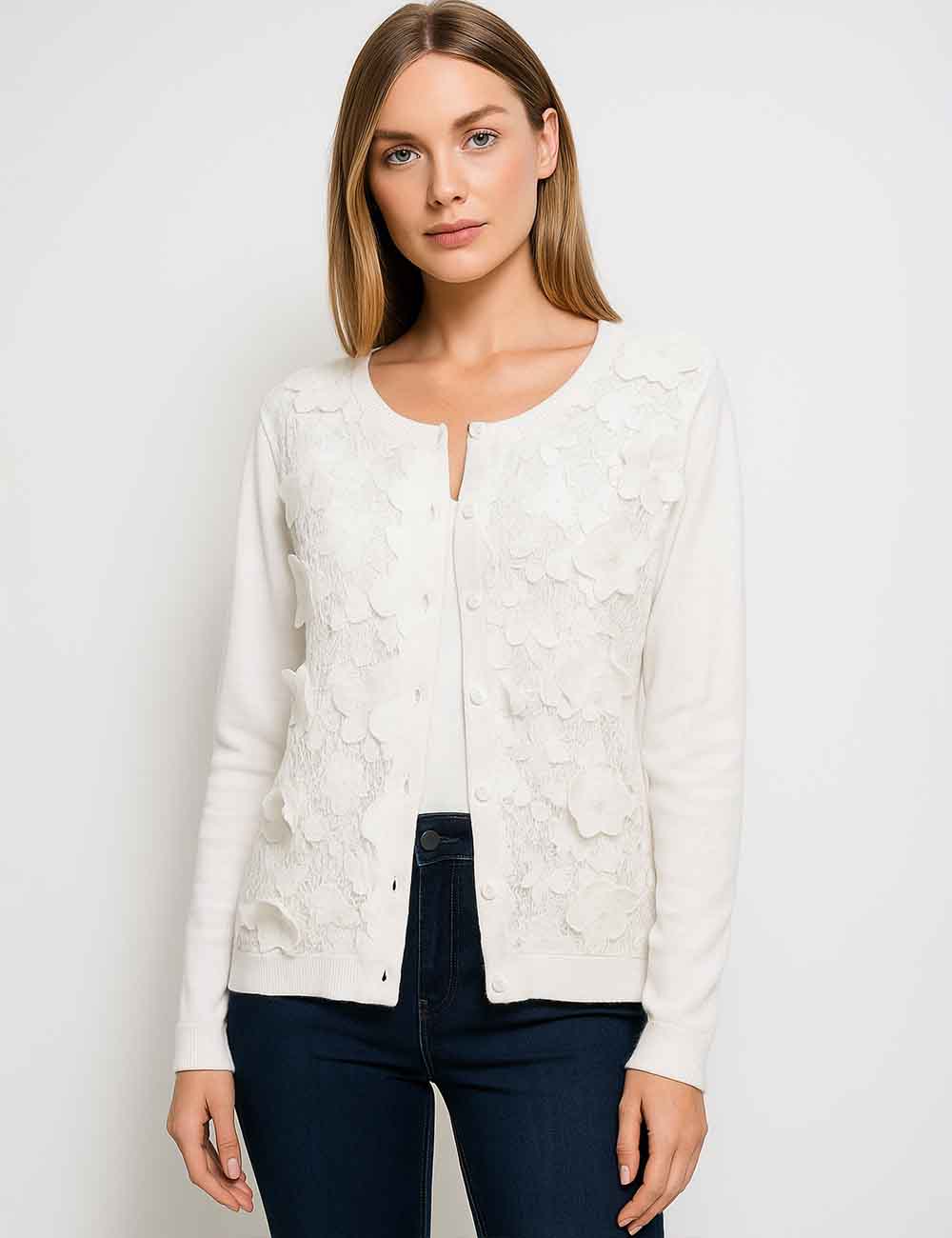 Ladies Round Neck Floral Embroidery Button Knit Cardigan