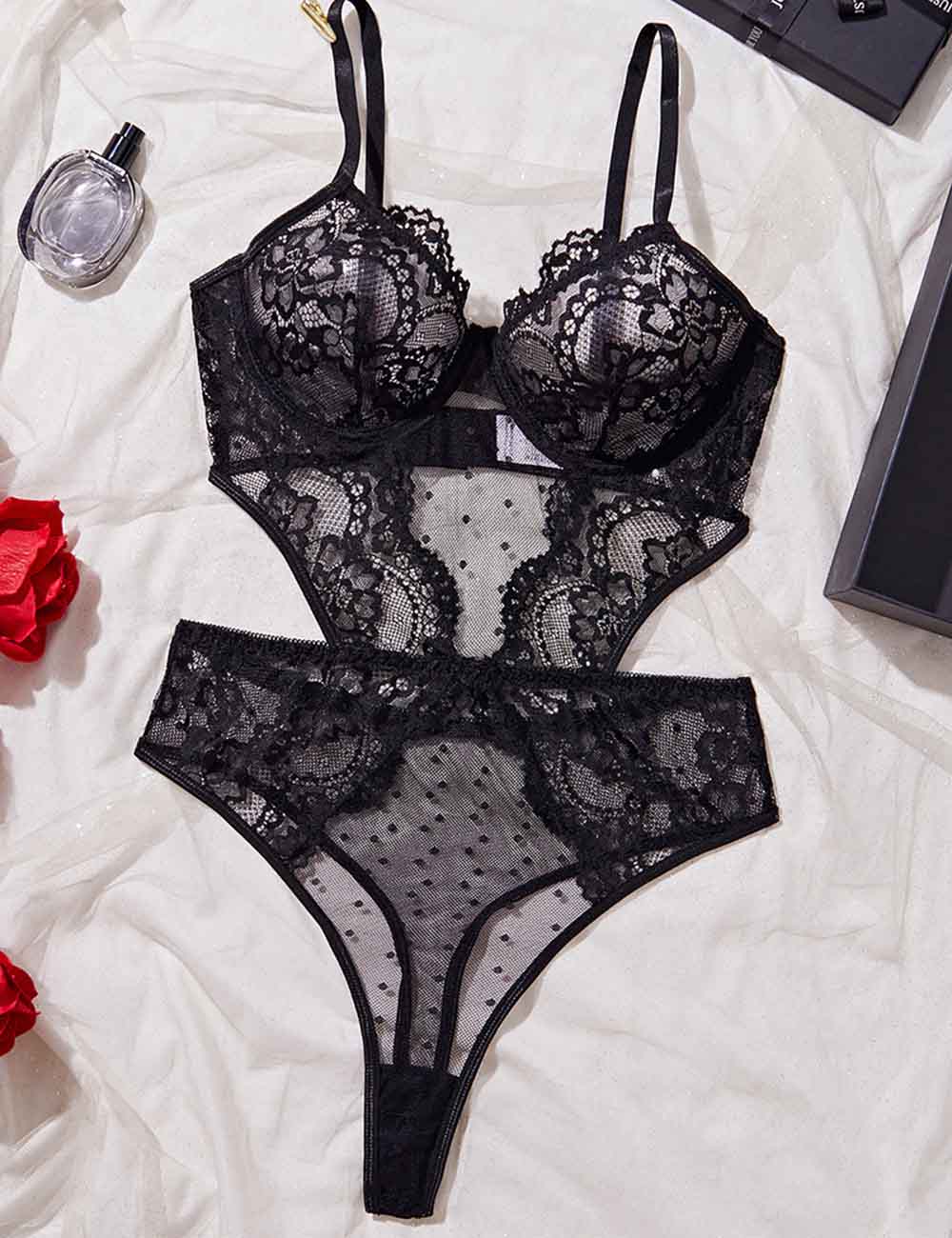Ladies Sexy Eyelet Mesh Lace Thong Panty Lingerie Teddy