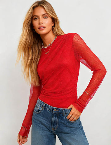 Ladies Mock Neck Fishnet Mesh Sheer Long Sleeves Bodysuit