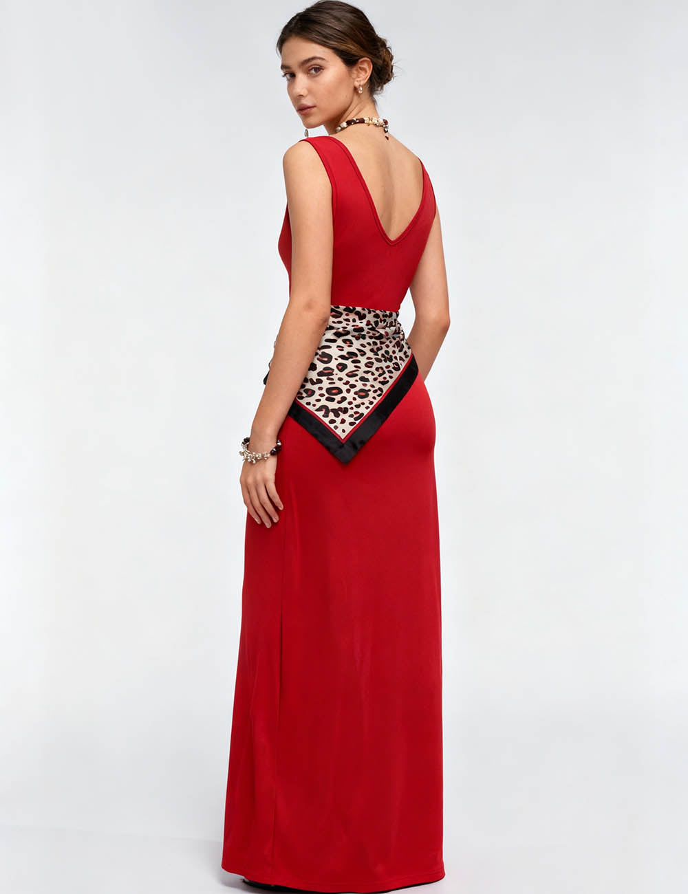 Ladies Square Neck Leopard Scarf Waist Tank Maxi Dress