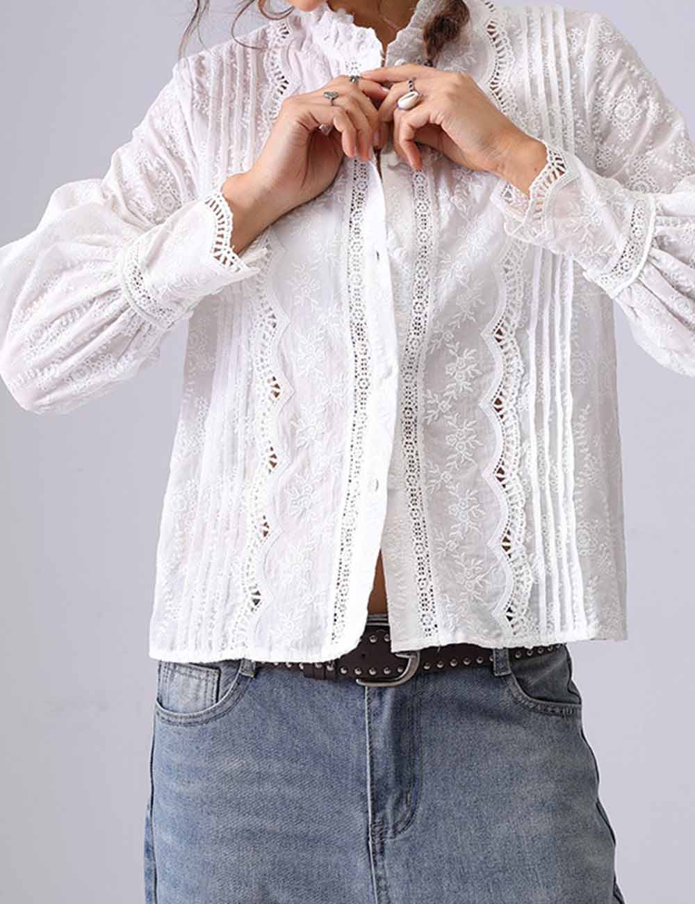Ladies Solid Color Floral Embroidery Stand Collar Ruffle Shirt