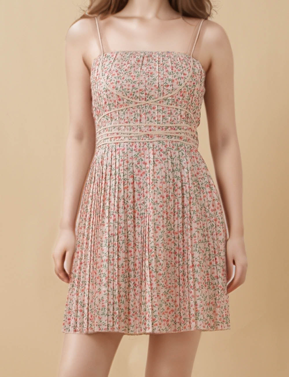 Ladies Square Neck Floral Print String Shoulder Pleated Mini Dress