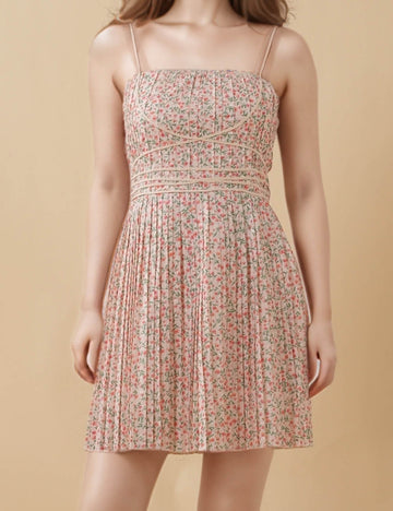Ladies Square Neck Floral Print String Shoulder Pleated Mini Dress