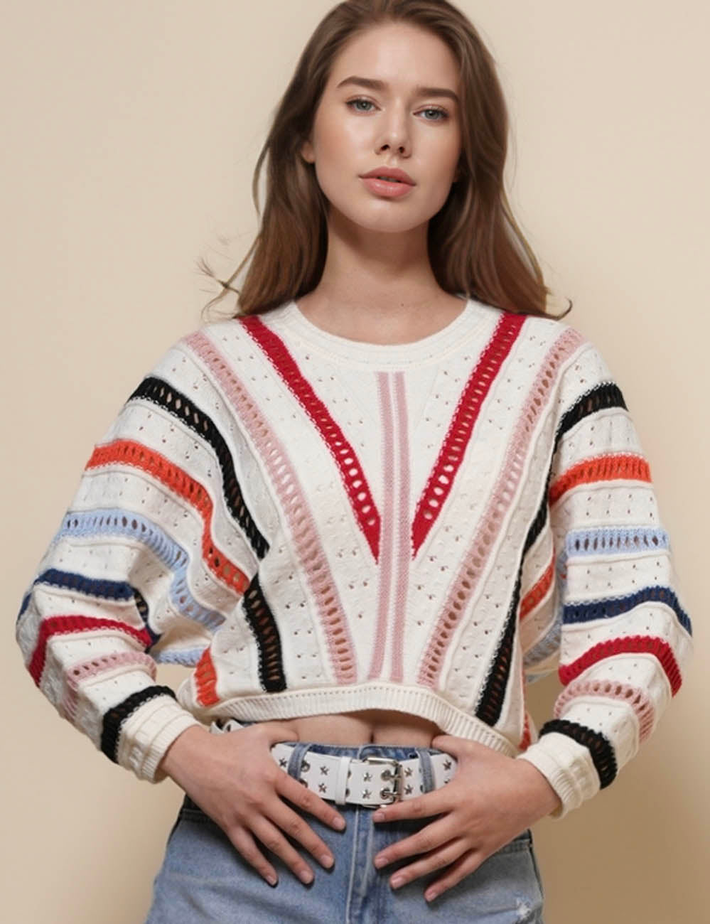 Ladies Round Neck Color Block Hollow Out Sweater SKT50155