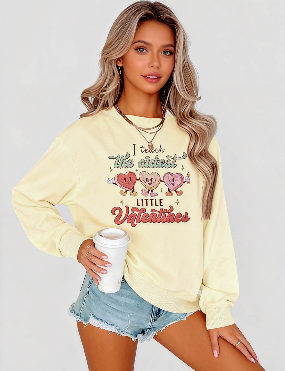 Ladies Valentine Heart Cartoon Graphic Round Neck Sweatshirt