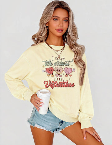 Ladies Valentine Heart Cartoon Graphic Round Neck Sweatshirt