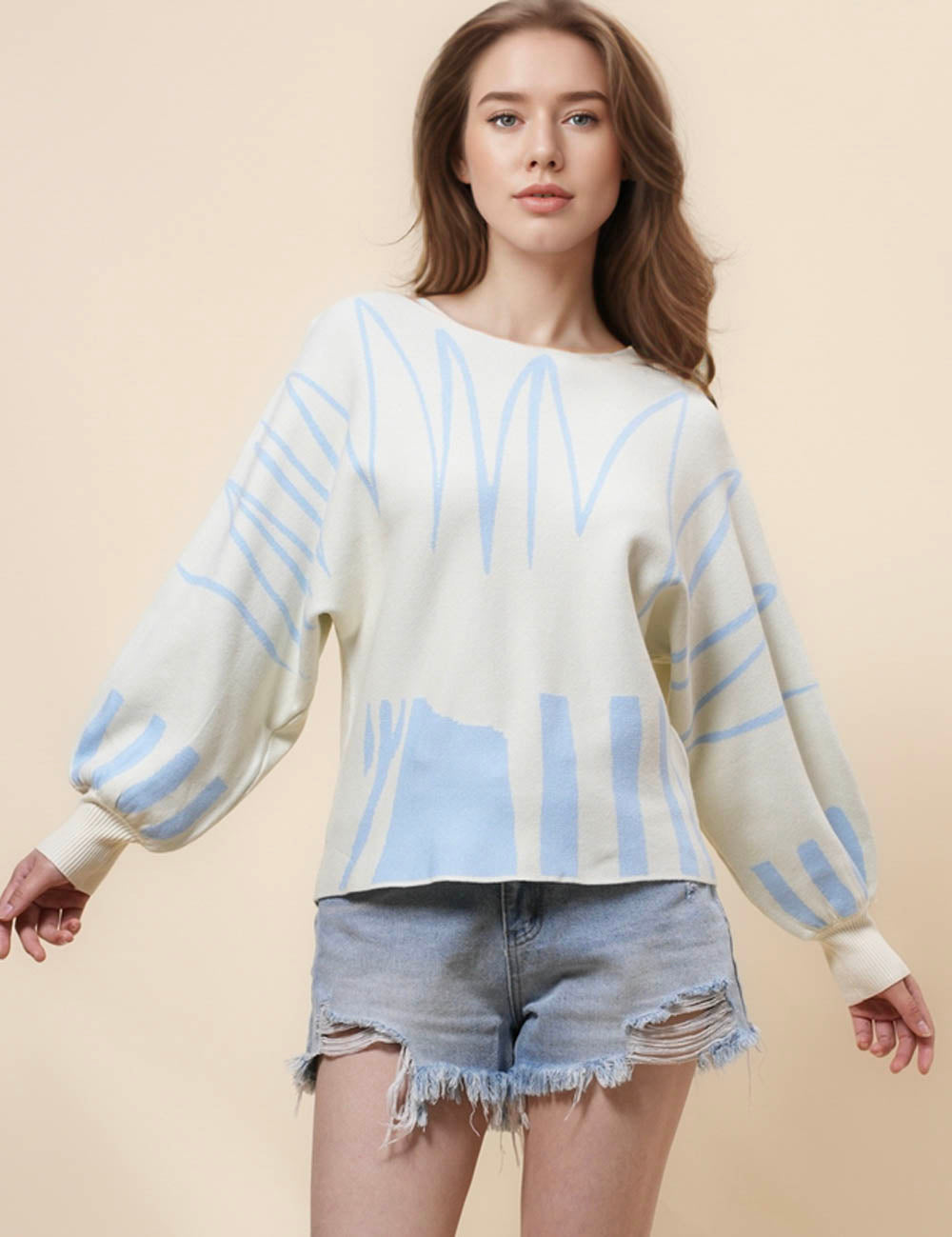 Ladies Color Block Pullover Bubble Sleeve Sweater SKT41048