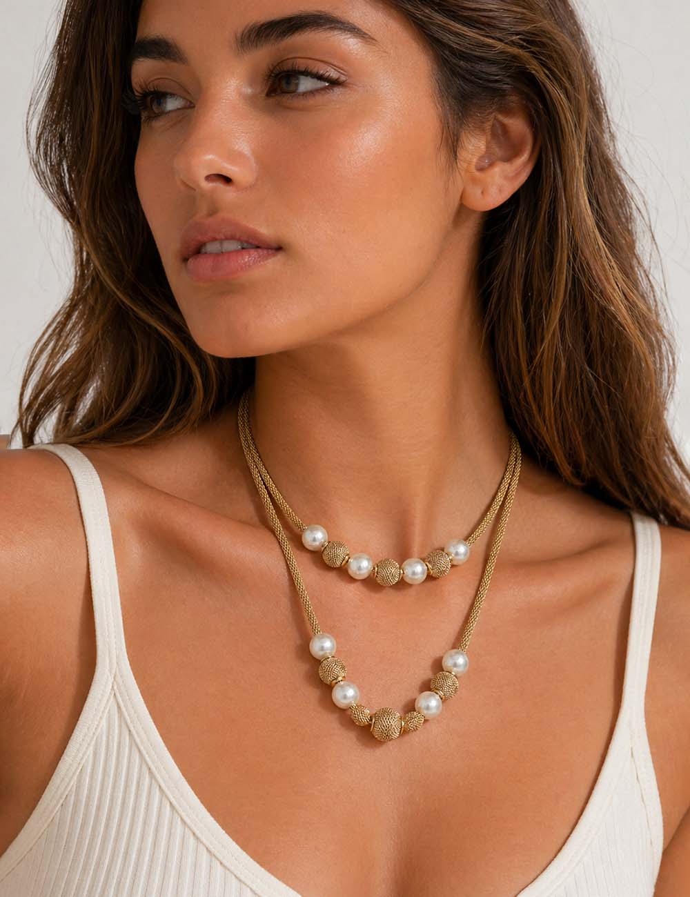 Ladies Double Layer Faux Pearl Bead Necklace