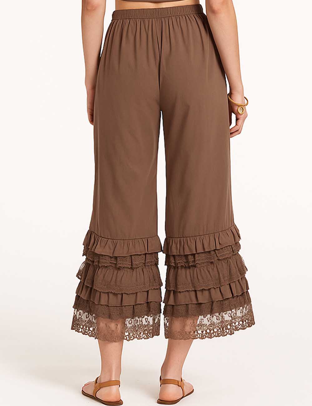 Ladies Solid Color Floral Lace Tierd Ruffle Wide Leg Pants