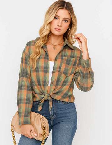 Ladies Plaid Print Button Down Long Sleeves Shirt