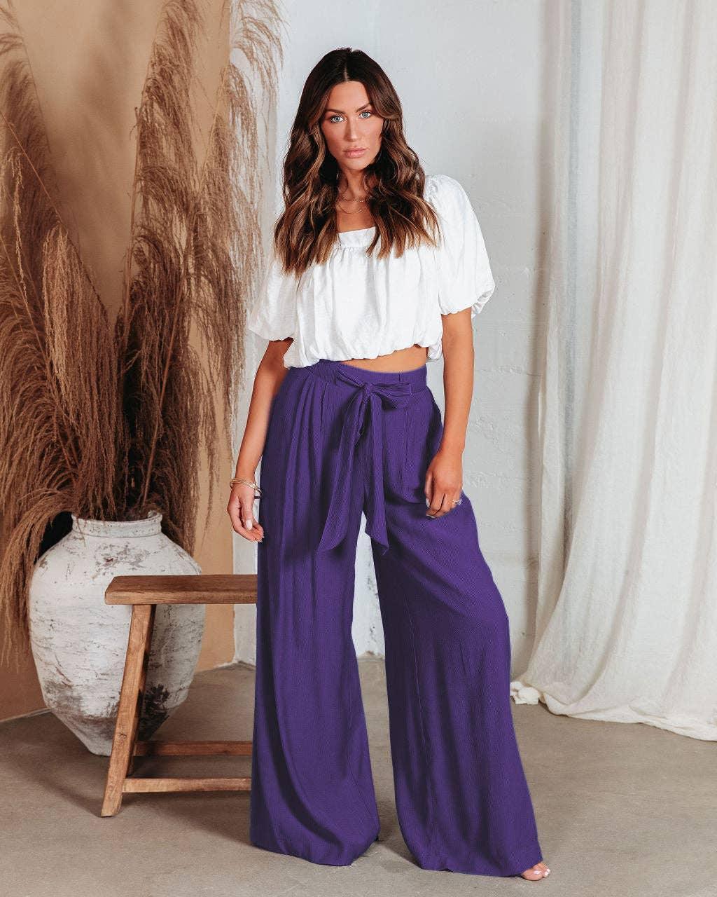 Daily Style Solid Color Ladies Wide Leg Trousers 23326 - SWEETKAMA