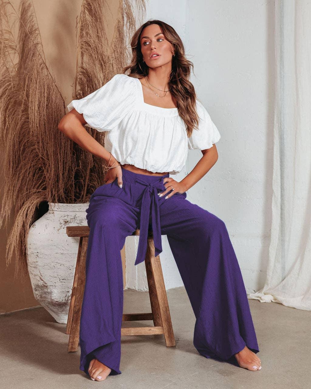 Daily Style Solid Color Ladies Wide Leg Trousers 23326 - SWEETKAMA