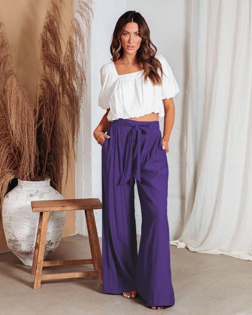 Daily Style Solid Color Ladies Wide Leg Trousers 23326 - SWEETKAMA