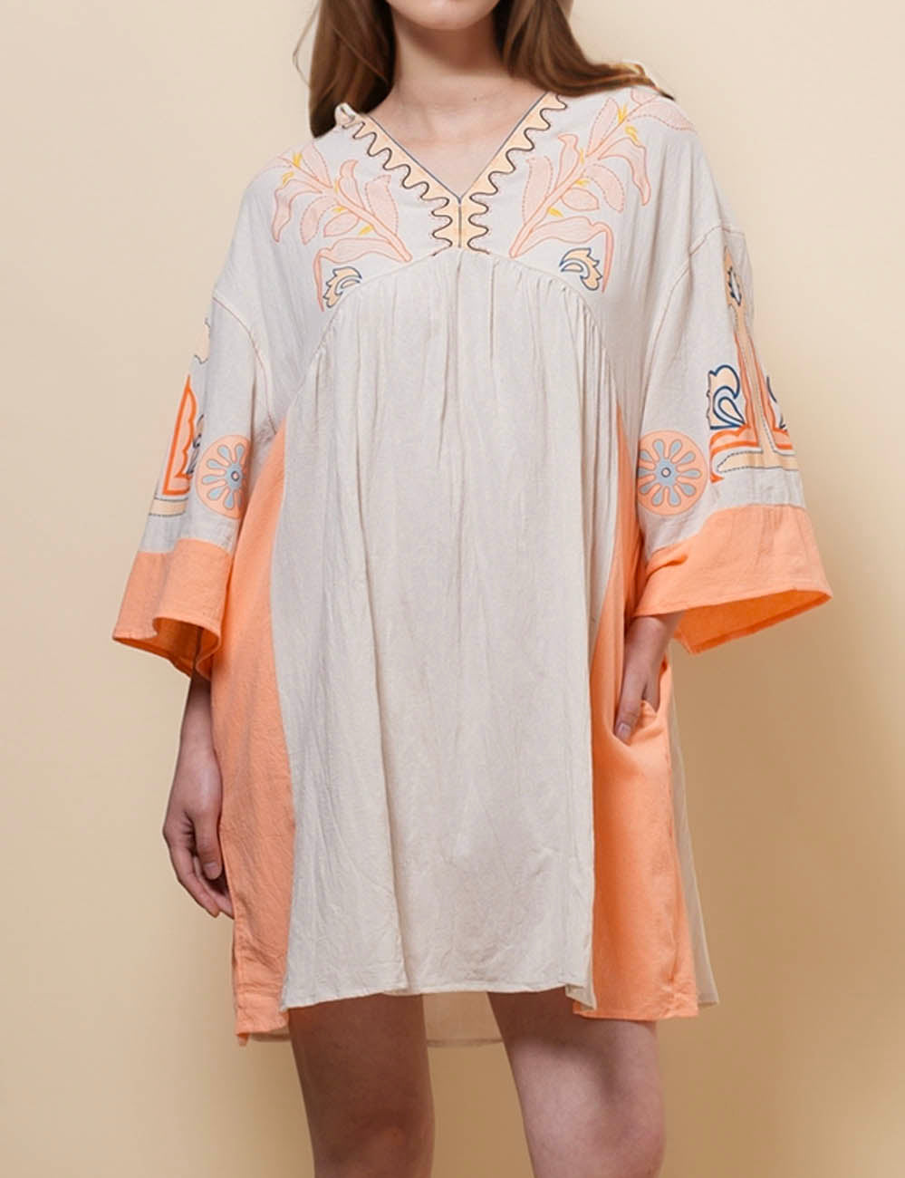 Ladies V-Neck Mid Sleeves Print Free Mini Dress SKD51068