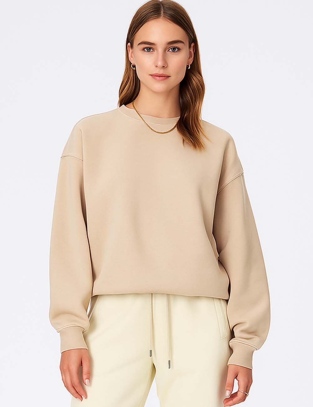 Ladies Fleece Lining Solid Color Round Neck Sweatshirt