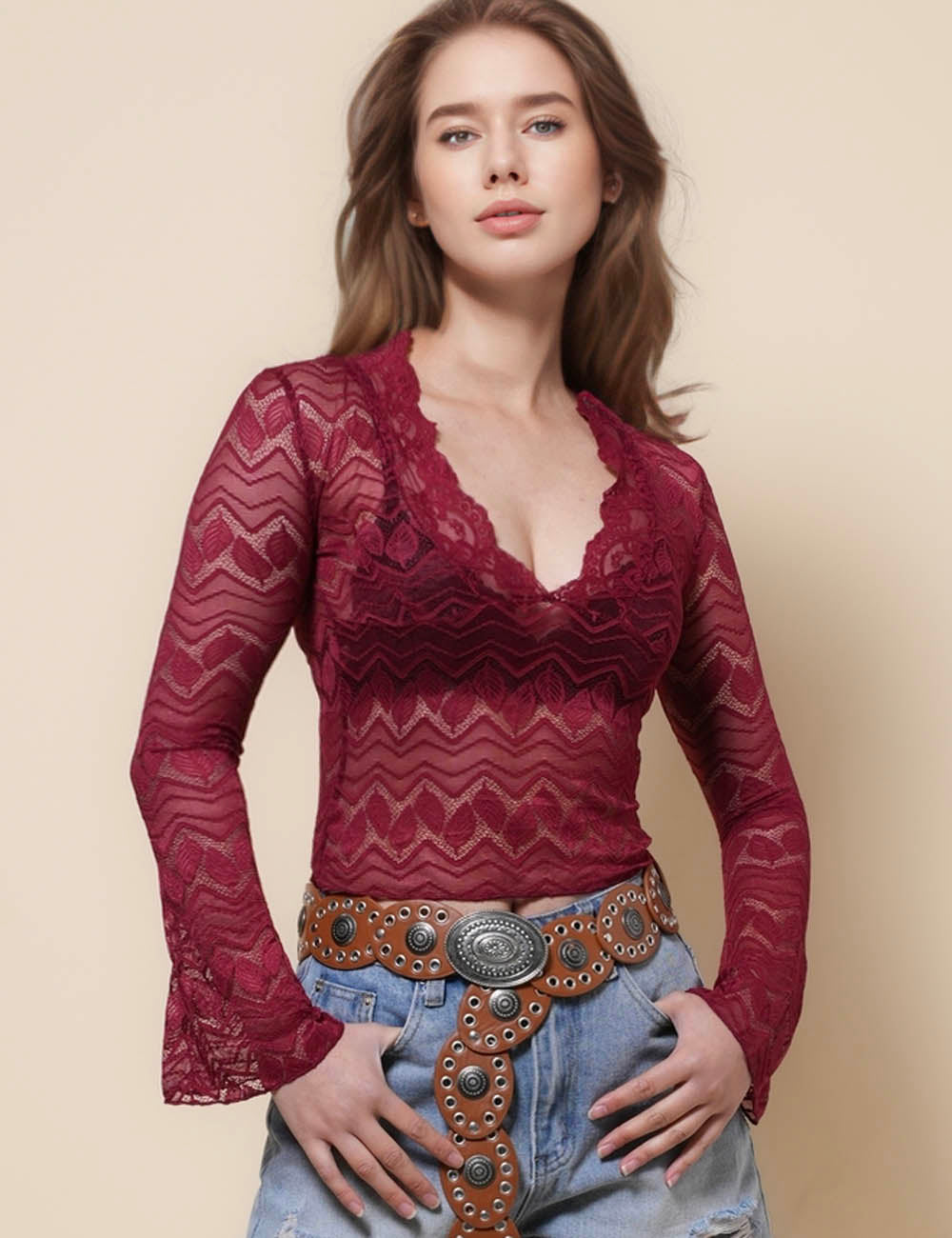 Ladies Lace See Sheer Layring Top Pullover Top SKT41283