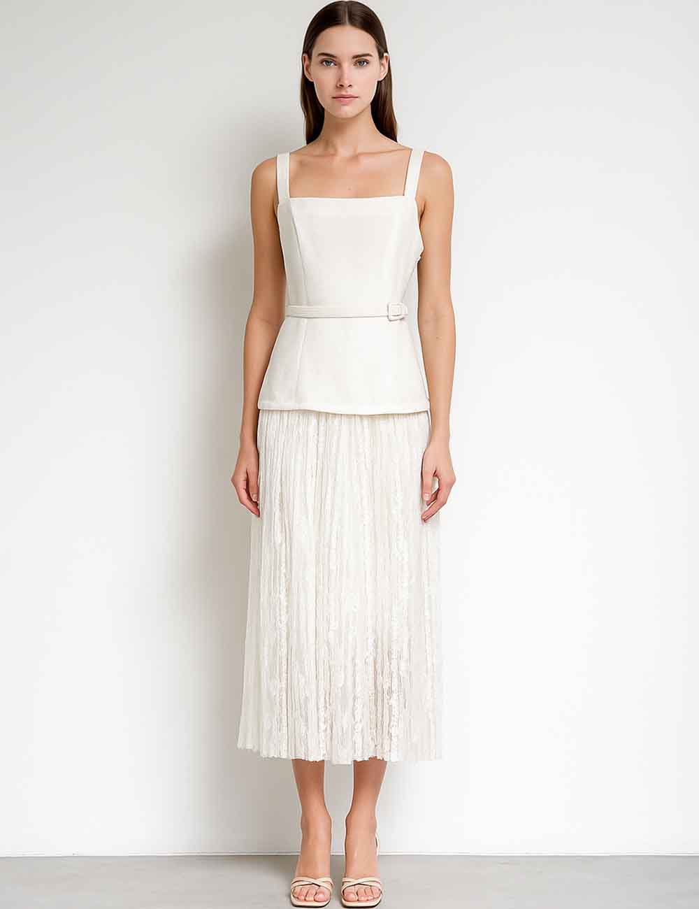 Ladies Square Neck Sleeveless Floral Lace Belted Maxi Dress
