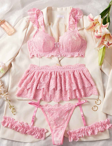 Ladies Sexy Tiered Lace Ruffle Garter 4PCS Lingerie Set