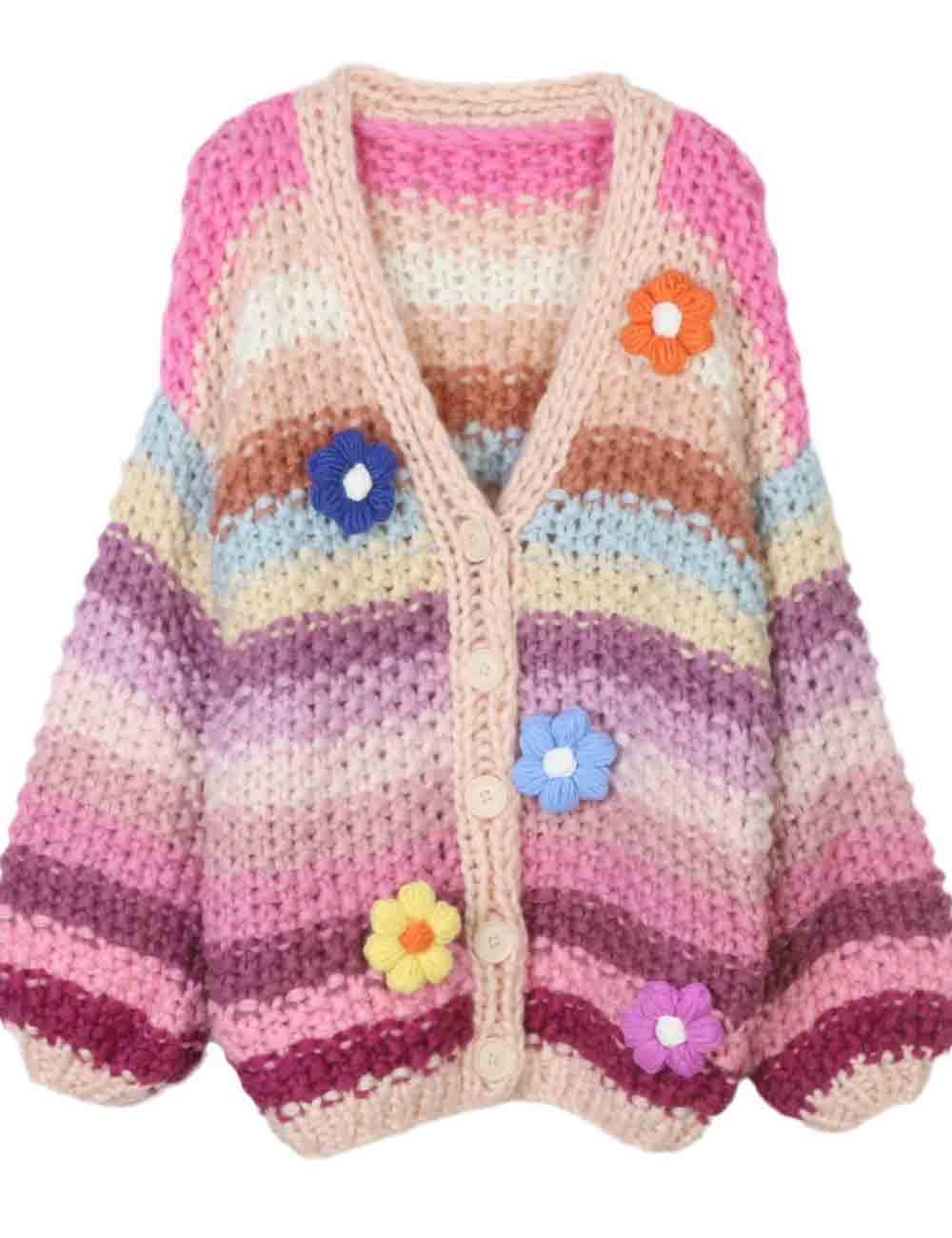 Ladies V-Neck Multicolor Striped Crochet Flower Knit Cardigan