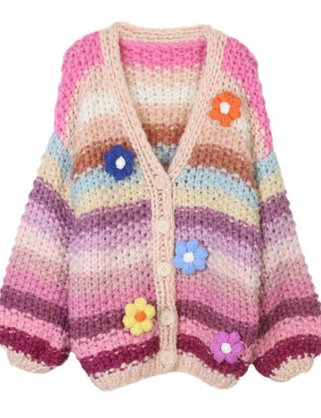 Ladies V-Neck Multicolor Striped Crochet Flower Knit Cardigan