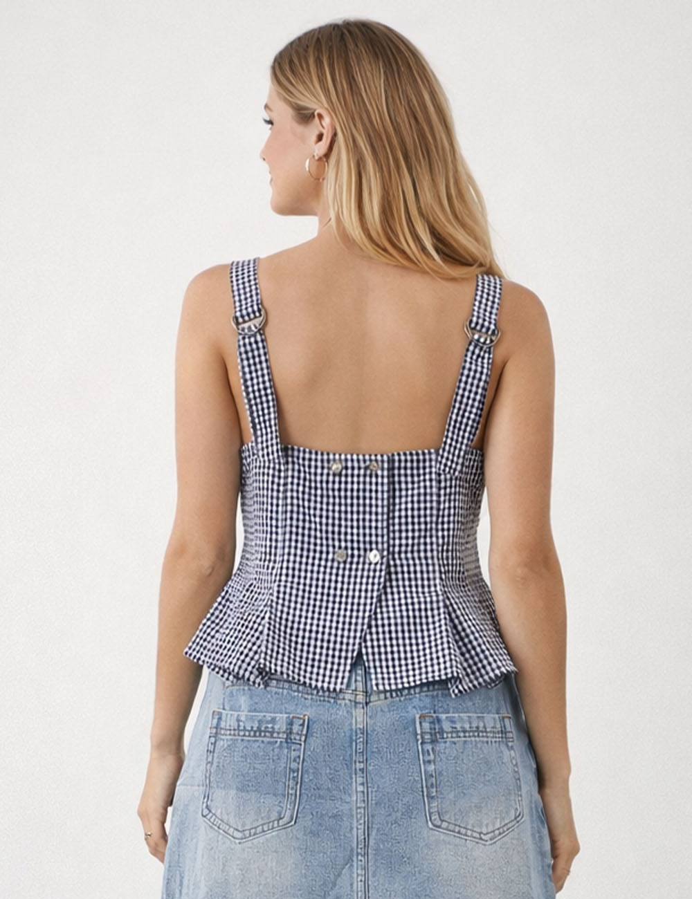 Ladies Chic Gingham Square Neck Sleeveless Peplum Hem Top