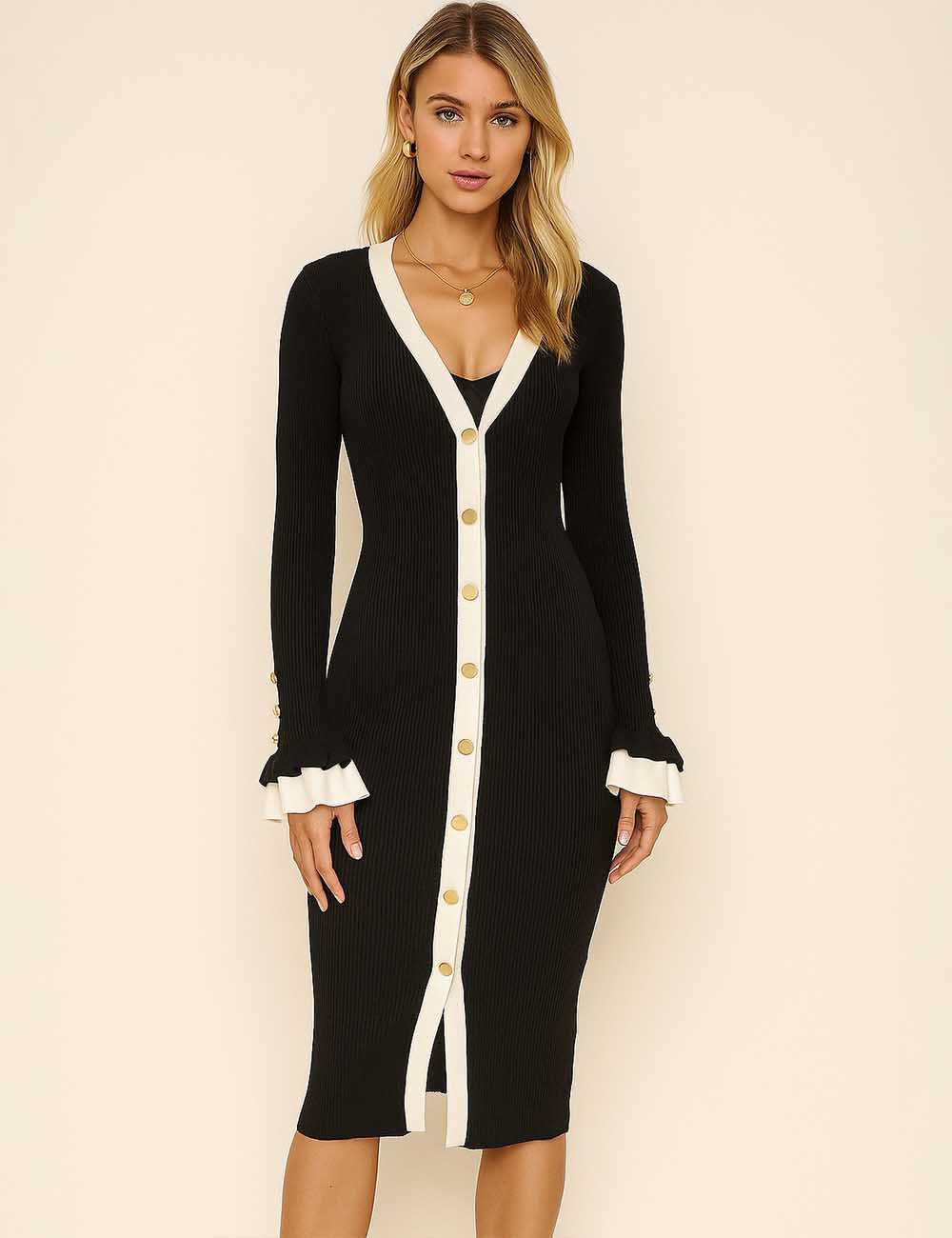 Ladies Color Block V-Neck Ruffled Sleeves Knit Midi Dress