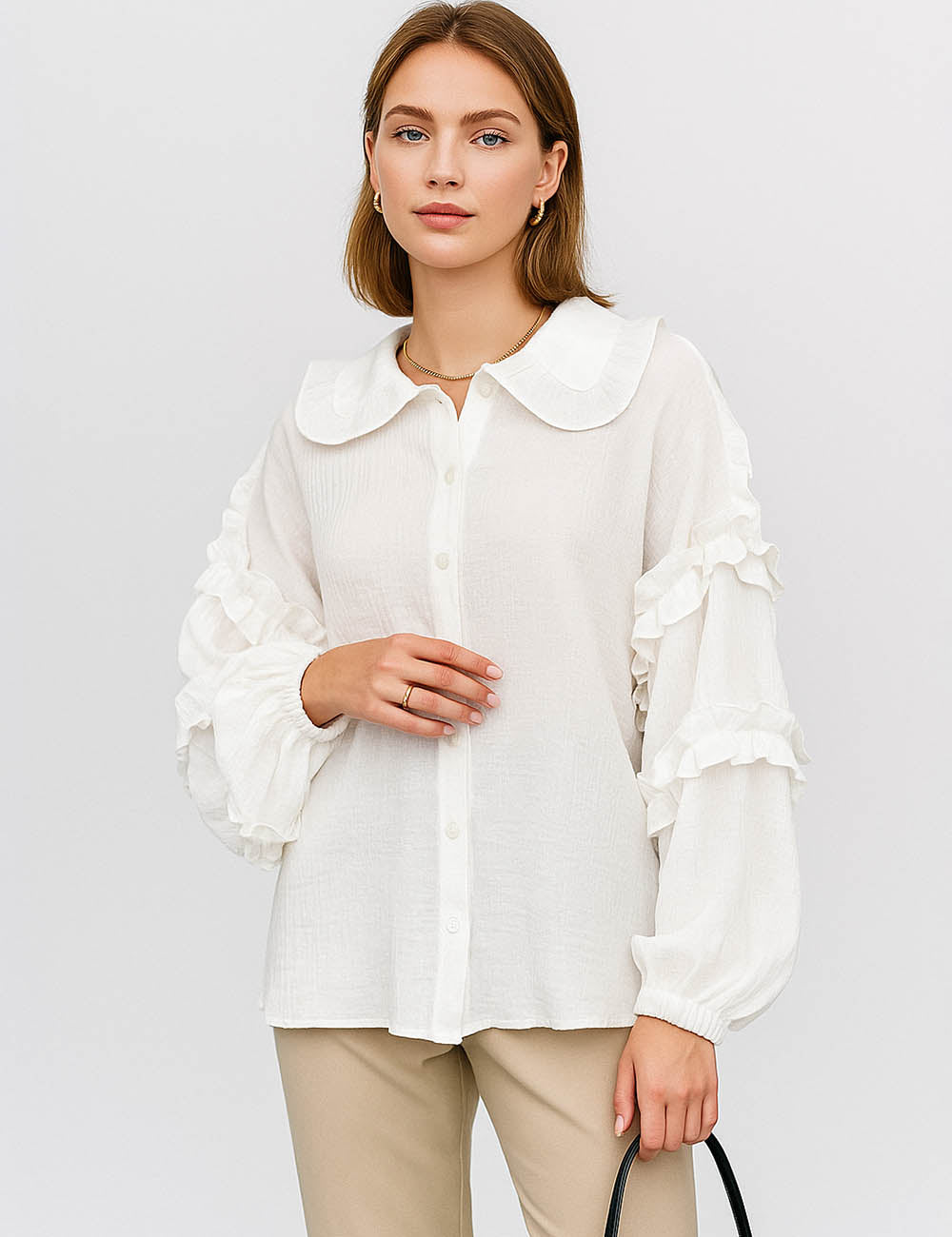 Ladies White Ruffle Shirt Peter Pan Collar Lantern Sleeves Blouse