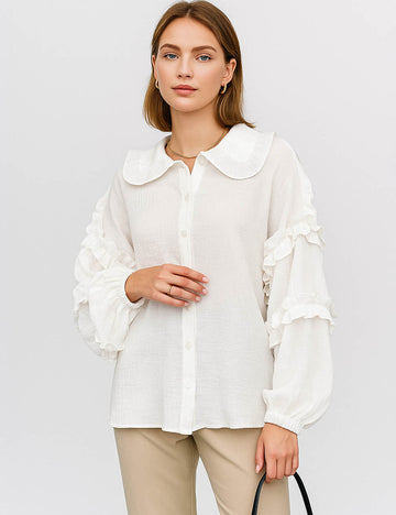 Ladies White Ruffle Shirt Peter Pan Collar Lantern Sleeves Blouse